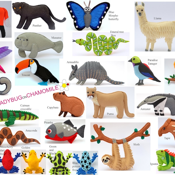 AMAZON RAINFOREST ANIMALS Felt Toys, Ornaments,Magnets