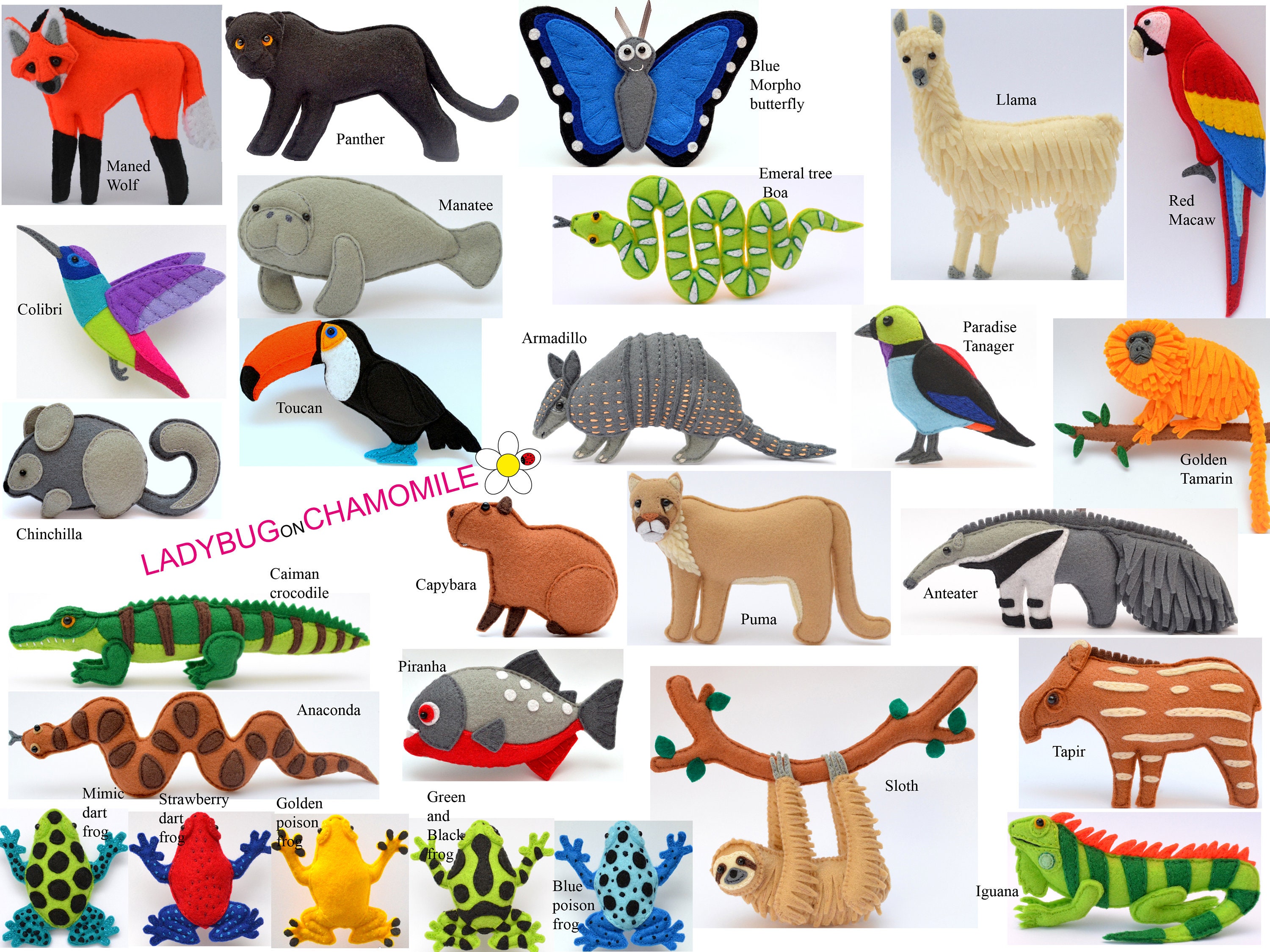 AMAZON RAINFOREST ANIMALS Felt Toys Ornaments Magnets - Etsy AMAZON RAINFOREST ANIMALS Felt Toys Ornaments Magnets - Etsy