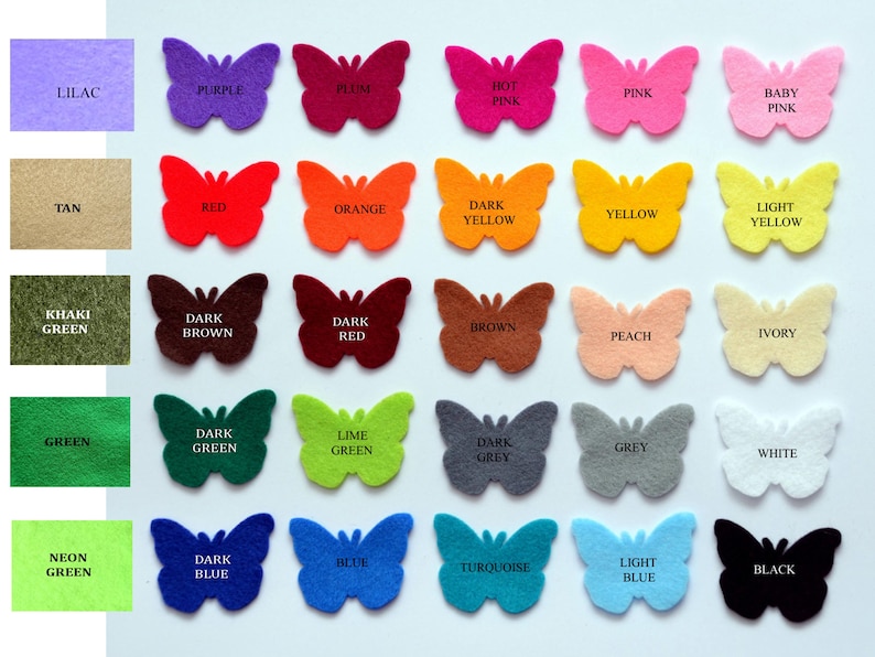 May include: A collection of felt butterfly cutouts arranged in a grid, each labeled with its corresponding color name including lilac, purple, plum, hot pink, pink, baby pink, tan, red, orange, dark yellow, yellow, light yellow, khaki green, dark brown, dark red, brown, peach, ivory, green, dark green, lime green, dark grey, grey, white, neon green, dark blue, blue, turquoise, light blue, and black.