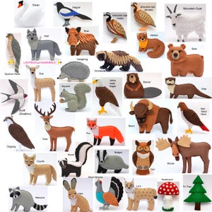 ANIMAUX FORESTIERS en feutre ornements, jouets, aimants, porte-clés, broches.