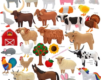 FARM ANIMALS Felt Toys, Ornaments, Magnets, Keychains, Brooches