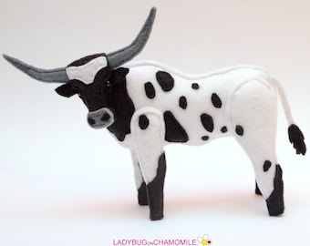Vilten Texas Longhorn | Handgemaakte Longhorn-figuur | Westers dierenornament | Ranchdecoratie | Cowboycadeau