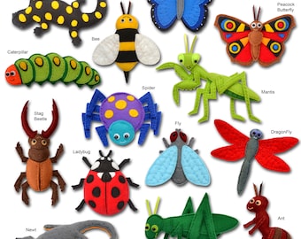 May include: A collection of colorful felt insect and amphibian figures, including a salamander, caterpillar, bee, stag beetle, newt, ladybug, spider, butterfly, mantis, fly, dragonfly, grasshopper, and ant. The figures are handmade and feature detailed designs.