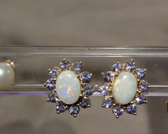 Natürliche Opal & Tansanit 14K Gold Ohrringe | Echte 8 x 5 mm Opale | Vintage edlen Schmuck | Oktober Geburtsstein