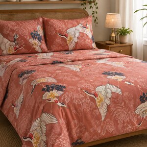 Crane Blossom Cotton Blend Printed Bed Sheet Set | King, Queen, Full, Twin Sizes