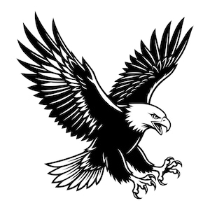 May include: A high-contrast black and white graphic illustration of a bald eagle in flight. The eagle is depicted with its wings fully spread upward, its head turned to the right, and its sharp talons extended forward in a striking pose.