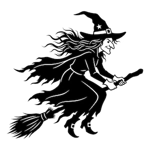 May include: A black and white graphic illustration of a witch flying on a broomstick. The witch wears a pointed hat with a star emblem, a long flowing cloak, and boots. The design features sharp, jagged edges on the clothing and hair.