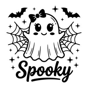 May include: A black and white graphic illustration featuring a central ghost character with a bow on its head, large eyes, and a smile. The ghost is flanked by spider webs and bats, surrounded by small stars, with the word Spooky written below.
