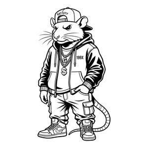 May include: A black and white illustration of a rat wearing a baseball cap with the text RAT CITY, a hooded jacket with 199X on the sleeve, cargo pants, and sneakers. The rat wears a chain with a G and a dollar sign pendant around its neck.