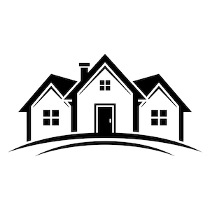 May include: A black and white graphic illustration of a house with a central peaked roof, a chimney, and two smaller side wings. The structure features a front door, multiple windows, and is positioned above a curved horizontal line.