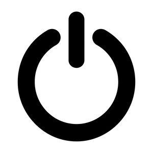 Op de afbeelding: Een zwart aan-uit symbool bestaande uit een cirkelvormige ring met een klein verticaal lijnsegment in het midden aan de bovenkant, dat de cirkel onderbreekt. Het ontwerp heeft dikke, afgeronde lijnen tegen een effen achtergrond als elektronische schakelaar.