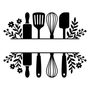 Peut inclure: Un graphique en silhouette noire présentant un design divisé horizontalement. Les sections supérieure et inférieure affichent des ustensiles de cuisine dont un rouleau à pâtisserie, une spatule, un fouet et une raclette, encadrés par des motifs floraux.