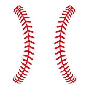 Può includere: Due linee curve di cuciture da baseball rosse disposte verticalmente, che si specchiano l'una con l'altra per formare l'iconico motivo di una palla da baseball. Il design presenta distinti punti di filo rosso a forma di V su sfondo bianco.