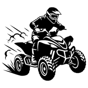 May include: A black and white graphic illustration of a person wearing a helmet and goggles while riding an all-terrain vehicle. The vehicle is depicted in motion with stylized dust clouds and speed lines trailing behind the large knobby tires.