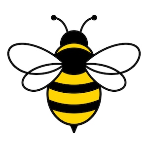 May include: A graphic illustration of a bee featuring a black head, thorax, and abdomen with horizontal yellow stripes. The insect has two pairs of white wings outlined in black and two thin antennae extending from the top of its head.