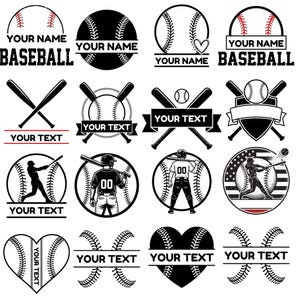 Può includere: Una collezione di sedici disegni grafici in bianco e nero a tema baseball con palline, mazze, giocatori in uniforme e forme a cuore. Ogni disegno include aree di testo personalizzabili etichettate come YOUR NAME o YOUR TEXT in grassetto.