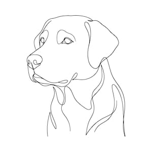 May include: A black and white line art illustration of a dog head in profile. The drawing is created with a single continuous line, capturing the shape of the ears, snout, eyes, and neck of the animal against a plain white background.