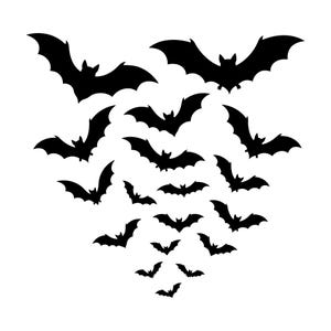 May include: A collection of black bat silhouettes arranged in a V-shaped formation. The design features various sizes of bats with spread wings, creating a layered effect that descends from two large bats at the top to a single small bat at the bottom.
