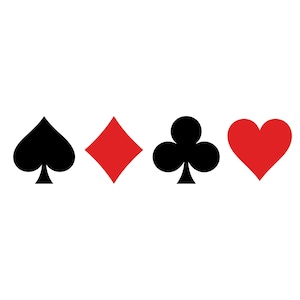 Op de afbeelding: Een horizontale opstelling van vier speelkaartsymbolen. Van links naar rechts zijn een zwarte schoppen, een rode ruiten, een zwarte klaver en een rood hart afgebeeld. Elk symbool is effen van kleur en heeft een strak grafisch ontwerp.