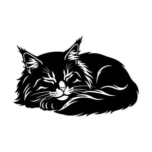 May include: A high-contrast black and white graphic illustration of a long-haired cat curled up in a sleeping position. The design features bold black shapes and negative space to define the cat's fur texture, pointed ears, and whiskers.
