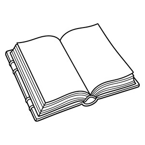Puede incluir: Una ilustración de arte lineal en blanco y negro de un libro abierto. El dibujo presenta un lomo grueso con detalles de encuadernación visibles y páginas en blanco extendidas, representadas con contornos limpios sobre un fondo blanco.