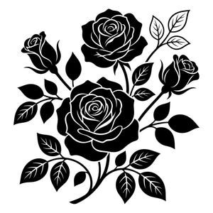 Könnte beinhalten: Eine schwarz-weiße grafische Illustration eines Rosenstraußes mit zwei voll erblühten Rosen, zwei Rosenknospen und mehreren detaillierten Blättern an Stielen. Das Design verwendet massive schwarze Formen auf weißem Hintergrund.