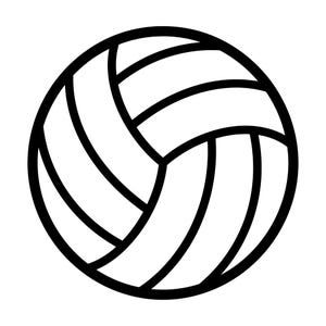 May include: A black and white graphic illustration of a volleyball. The design features a circular outline with thick black lines forming the classic curved panel pattern of a volleyball, set against a plain white background for high contrast.