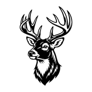 Pode incluir: Uma ilustração gráfica em preto e branco de alto contraste de uma cabeça de veado com chifres grandes e detalhados. O design utiliza linhas arrojadas e formas pretas sólidas para definir os traços faciais, o pelo do pescoço e os chifres.