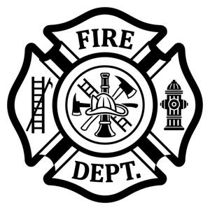May include: A black and white graphic emblem of a fire department featuring a Maltese cross shape. The text FIRE is at the top and DEPT. is at the bottom. The center contains a fire helmet, ladder, and axe, with a ladder and hydrant on the sides.