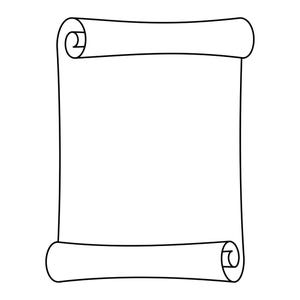 Op de afbeelding: Een zwart-witte lijntekening van een verticale boekrol. Het papier is aan de boven- en onderkant opgerold, waardoor er in het midden een grote, lege, rechthoekige ruimte overblijft voor tekst of illustraties met strakke lijnen.