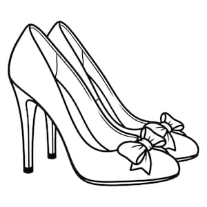 May include: A pair of black and white line art high heel shoes featuring a pointed toe design and a decorative bow detail on the front of each shoe. The illustration shows the side profile of the footwear with thin heels and a clean outline.