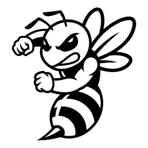 May include: A black and white graphic illustration of a bee character with a determined facial expression, featuring two wings, antennae, and two arms positioned in a fighting stance with clenched fists, showcasing a striped abdomen.
