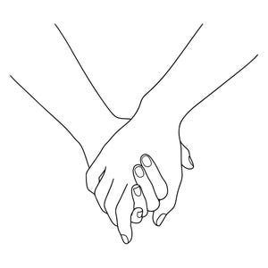 Può includere: Un'illustrazione minimalista in arte lineare in bianco e nero che raffigura due mani unite. Il disegno utilizza semplici contorni neri continui su uno sfondo bianco uniforme per mostrare le dita intrecciate in un gesto di connessione.