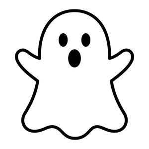 May include: A simple black and white graphic illustration of a ghost. The figure features a rounded head, two oval eyes, and an oval-shaped mouth, all rendered in solid black against a white background with a thick black outline.