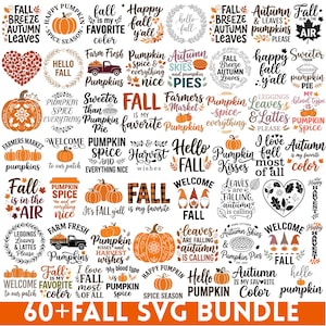 May include: A collection of sixty digital graphic designs featuring autumn themes, pumpkins, and seasonal text such as Fall Breeze, Pumpkin Spice, and Hello Fall. The designs include various typography styles, illustrations of leaves, trucks, and gnomes.