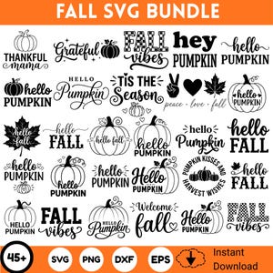 Könnte beinhalten: Eine digitale Sammlung von schwarz-weißen Herbst-Grafikdesigns mit Kürbissen, herbstlichen Blättern und Texten wie "hello pumpkin", "fall vibes" und "thankful mama". Das Set enthält verschiedene Schriftstile und Symbole für herbstliche Motive.