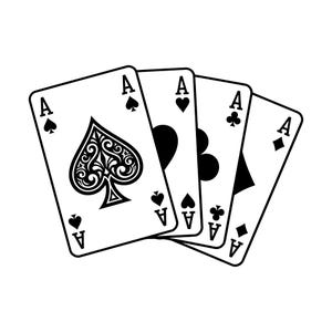 May include: A set of four playing cards arranged in a fan shape, each displaying the letter A in the corners. The cards feature the four suits: a decorative spade, a heart, a club, and a diamond, all rendered in black ink on a white background.