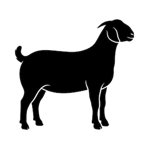 May include: A solid black silhouette of a goat standing in profile, facing toward the right. The graphic features clean, smooth outlines defining the shape of the animal, including its curved horns, pointed ears, and a short, upright tail.