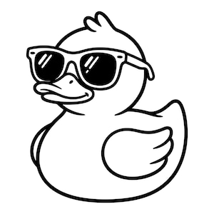 May include: A black and white line art illustration of a rubber duck wearing large sunglasses. The duck is depicted in a simple, bold outline style with a smooth, rounded body, a small wing, and a beak, all rendered in high contrast black ink.