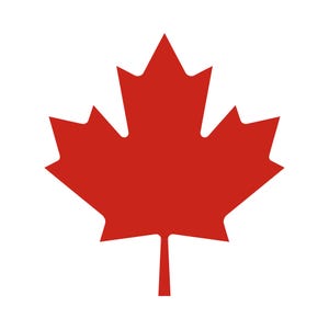 May include: A solid red graphic illustration of a maple leaf. The leaf features a central vertical stem at the bottom and eleven distinct pointed lobes arranged symmetrically around the center, creating a sharp and clean geometric shape.