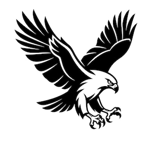 May include: A high-contrast black and white graphic illustration of an eagle in flight. The bird is depicted with its wings spread wide, head turned to the side, and sharp talons extended forward as if preparing to land or strike its target.