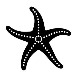 May include: A black starfish silhouette featuring a central circular pattern of white dots and a single row of white dots extending along the length of each of the five arms, creating a high-contrast graphic design against a plain background.