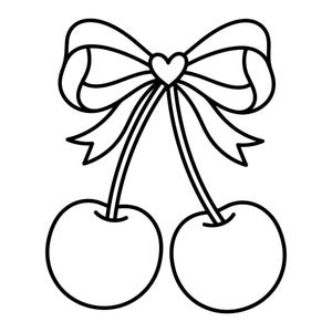 Op de afbeelding: Een zwart-witte lijntekening van twee kersen die aan steeltjes hangen, samengebonden met een grote decoratieve strik. Een kleine hartvorm bevindt zich in het midden van de strik, op het punt waar de steeltjes samenkomen bij de knoop.