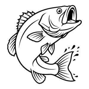 Peut inclure: Une illustration graphique en noir et blanc représentant un bar à grande bouche bondissant, la gueule grande ouverte. Le design présente des contours marqués et des nageoires stylisées, avec des gouttelettes d'eau près de la queue sur fond blanc.