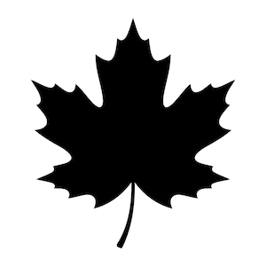 Peut inclure: Une silhouette noire unie d'une feuille d'érable présentant cinq lobes distincts aux extrémités pointues et une tige fine unique s'étendant depuis la base. Le graphique est symétrique et affiche des bords nets sur un fond blanc uni.