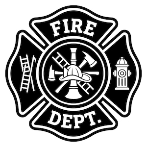 May include: A black and white graphic emblem of a Maltese cross featuring the text FIRE DEPT. The center contains a firefighter helmet, a trumpet, and crossed axes. A ladder is on the left side and a fire hydrant is on the right side.