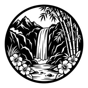 Può includere: Un'illustrazione grafica circolare in bianco e nero che raffigura una cascata che scende lungo scogliere rocciose. La scena include una cima di montagna sullo sfondo, steli di bambù sul lato destro e fiori di ibisco in primo piano.