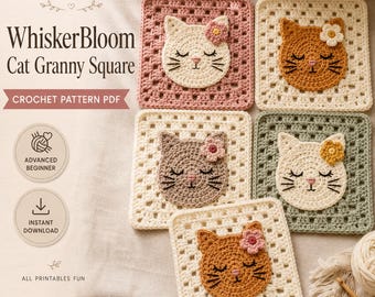 Cat Granny Square Crochet Pattern PDF, Easy 6 Inch Cat Face Motif
