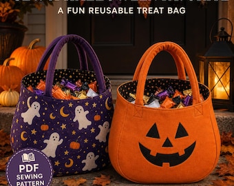 Trick or Treat Bag Sewing Pattern PDF, Rounded Halloween Candy Bucket, Beginner-Friendly Fabric Basket, Instant Download