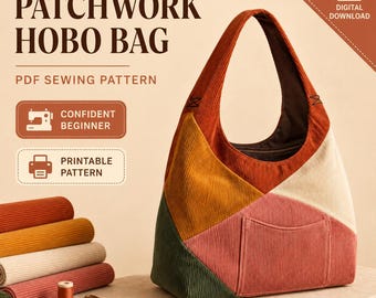 Patchwork Hobo Bag Sewing Pattern PDF, Corduroy Shoulder Bag, US Letter